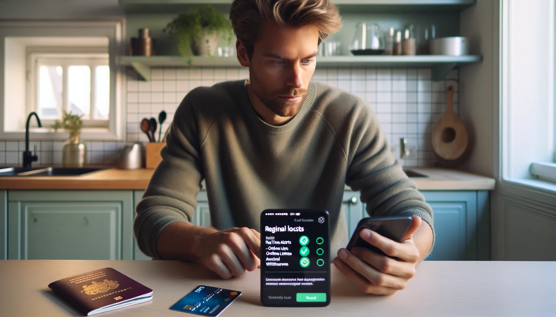 Hvordan bruke kredittkort trygt på reise i utlandet 2 Norwegian traveler toggles card security settings in app before traveling abroad.