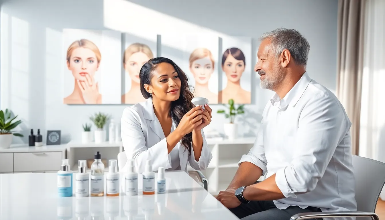 skincare consultant analyzing client’s face in a modern studio.