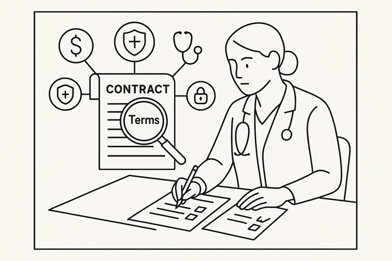 Physician assistant at a desk closely reviewing a contract with clause icons.