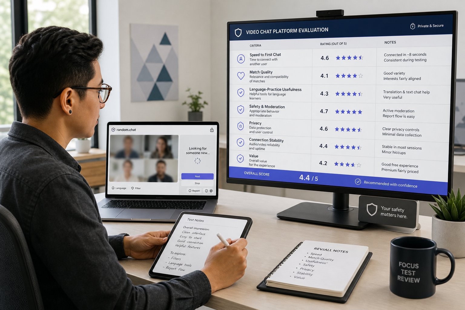 Reviewer assessing random video chat platform with criteria dashboard on dual monitors.