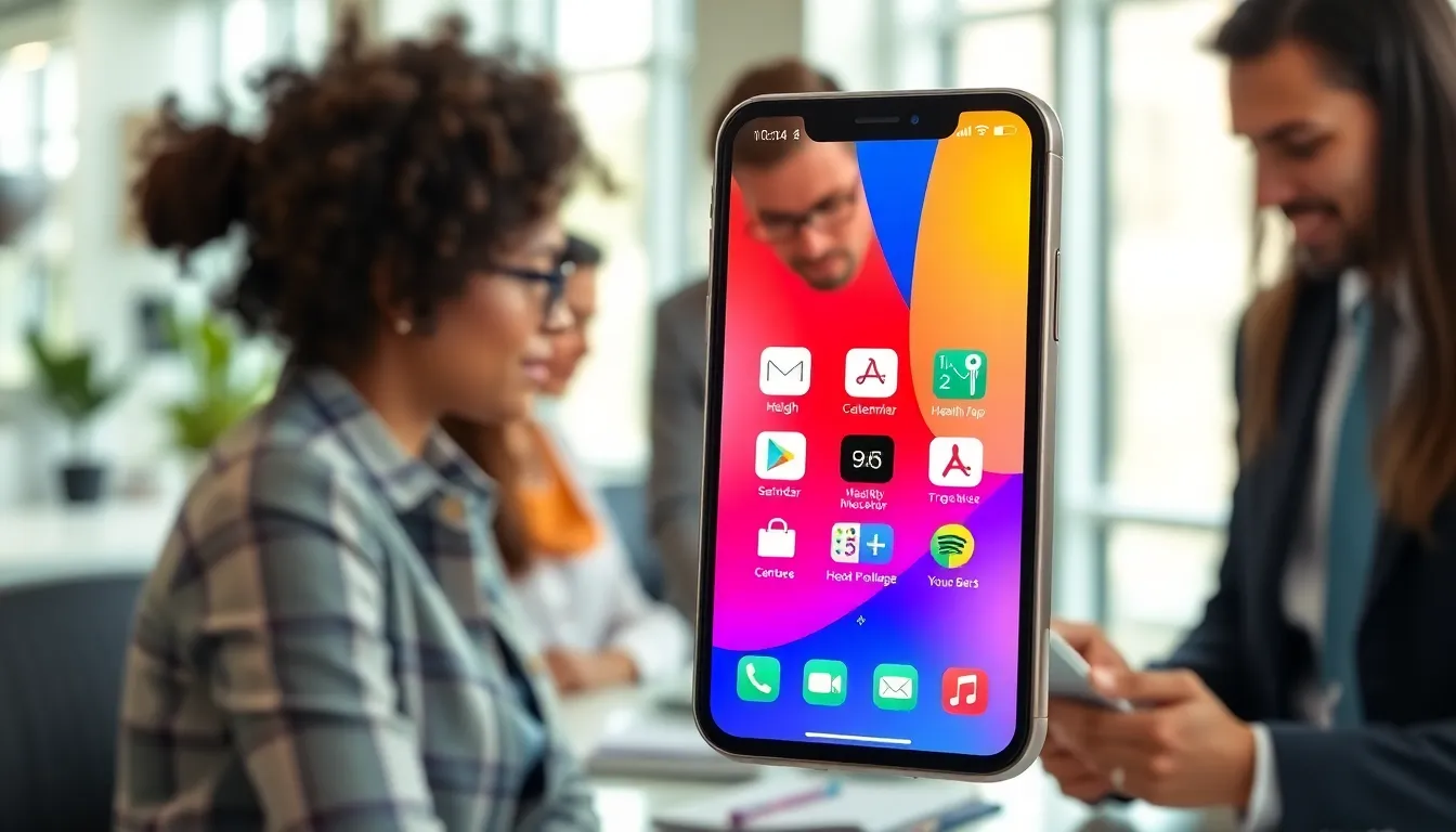 smartphone displaying mobile apps in a modern office setting.