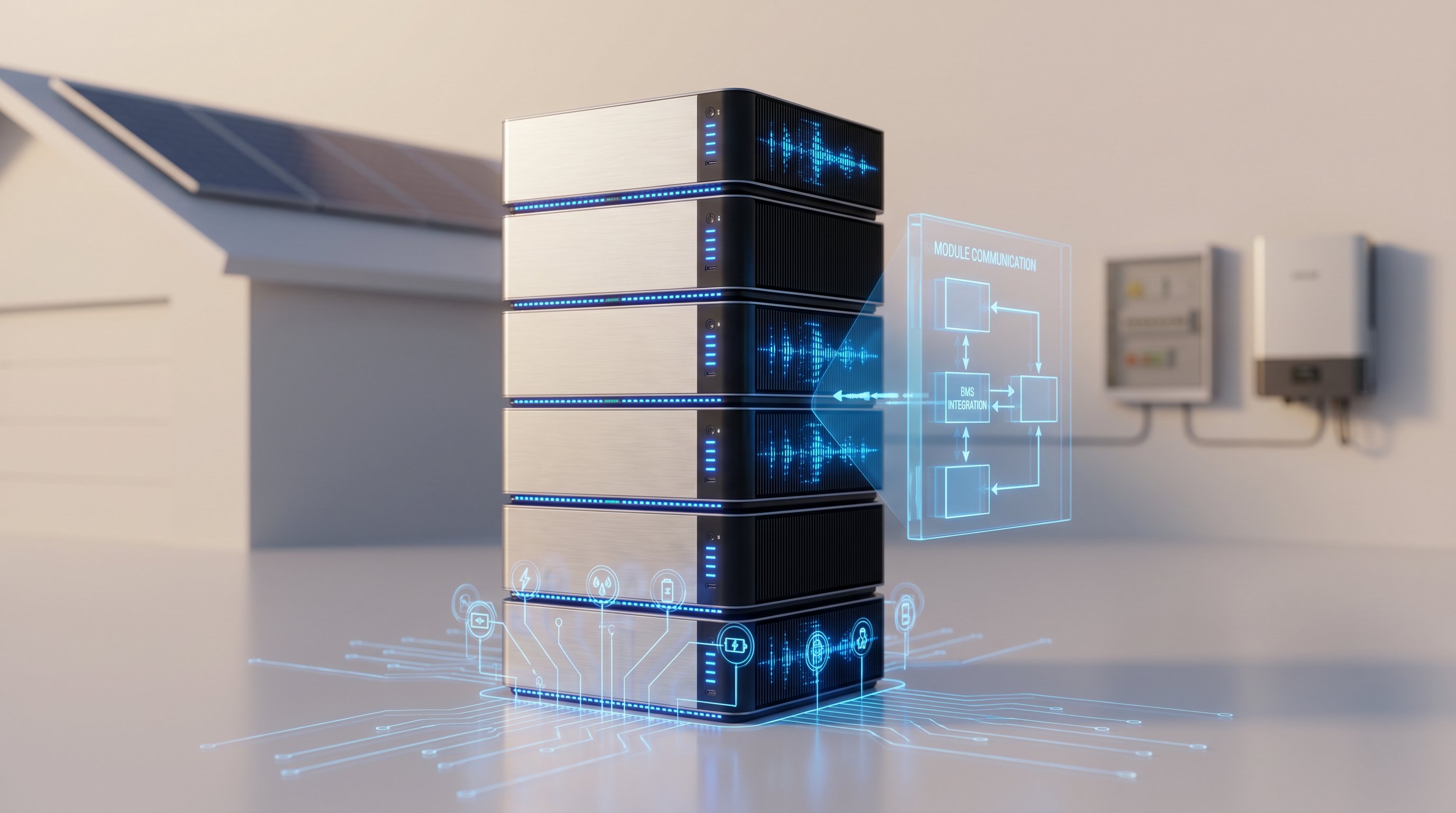 3D render of a modular battery storage system with stacked modules and glowing energy indicators.