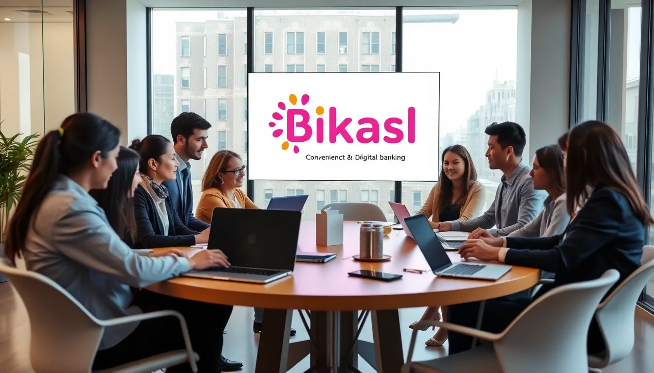 diverse team discussing in a modern office with the Bikash logo displayed.