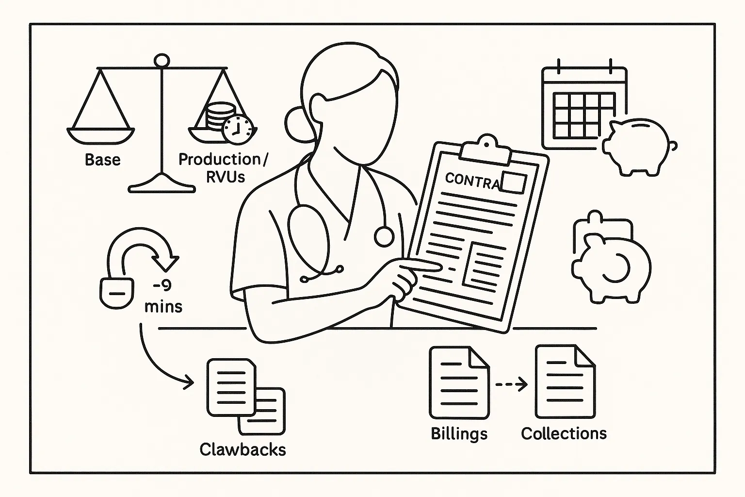Nurse practitioner reviewing a Wyoming contract with scale, RVU gauge, and clawback icon.