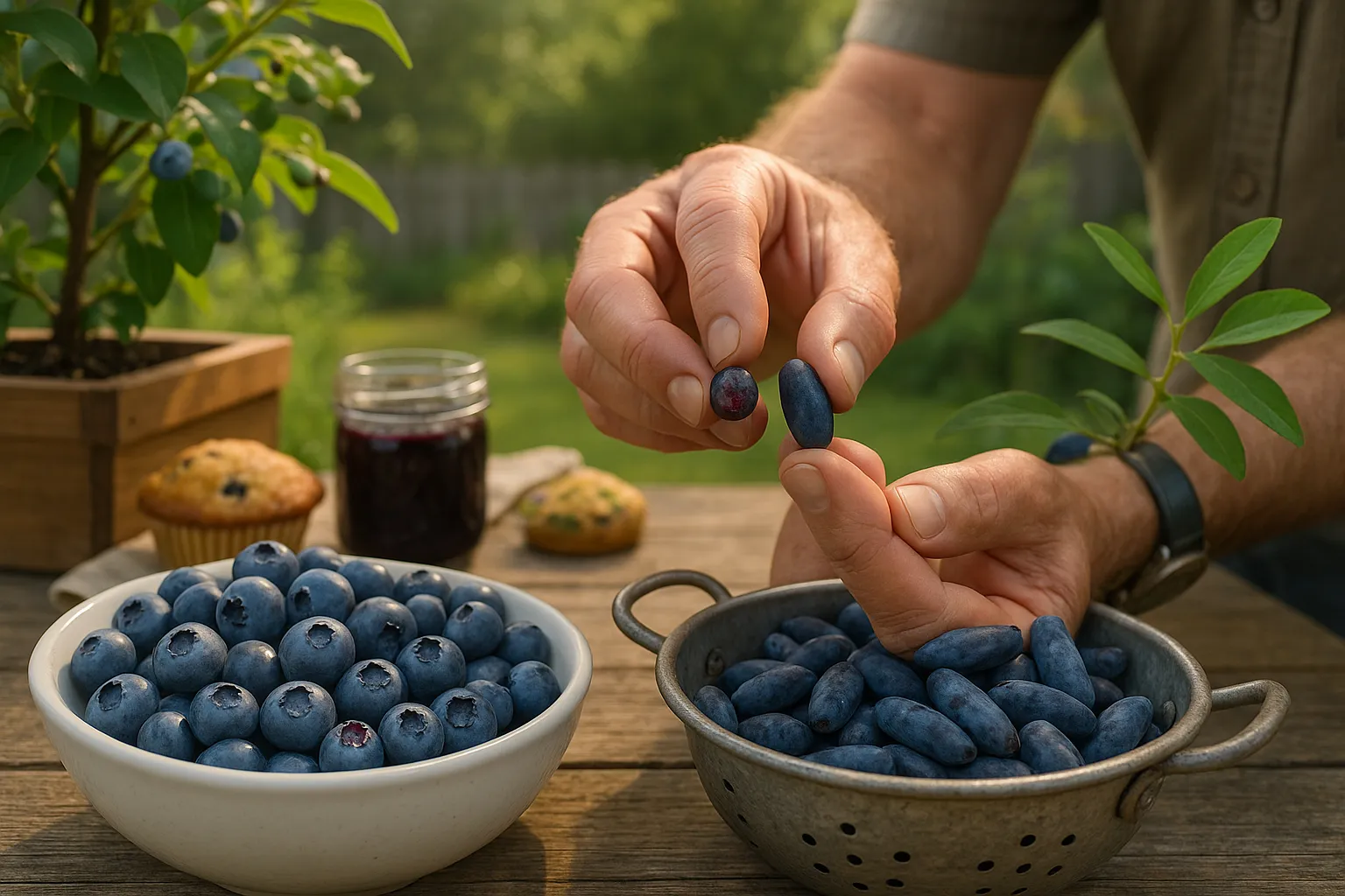close-up of blueberries and honeyberries on a wooden table with gardener’s hand
