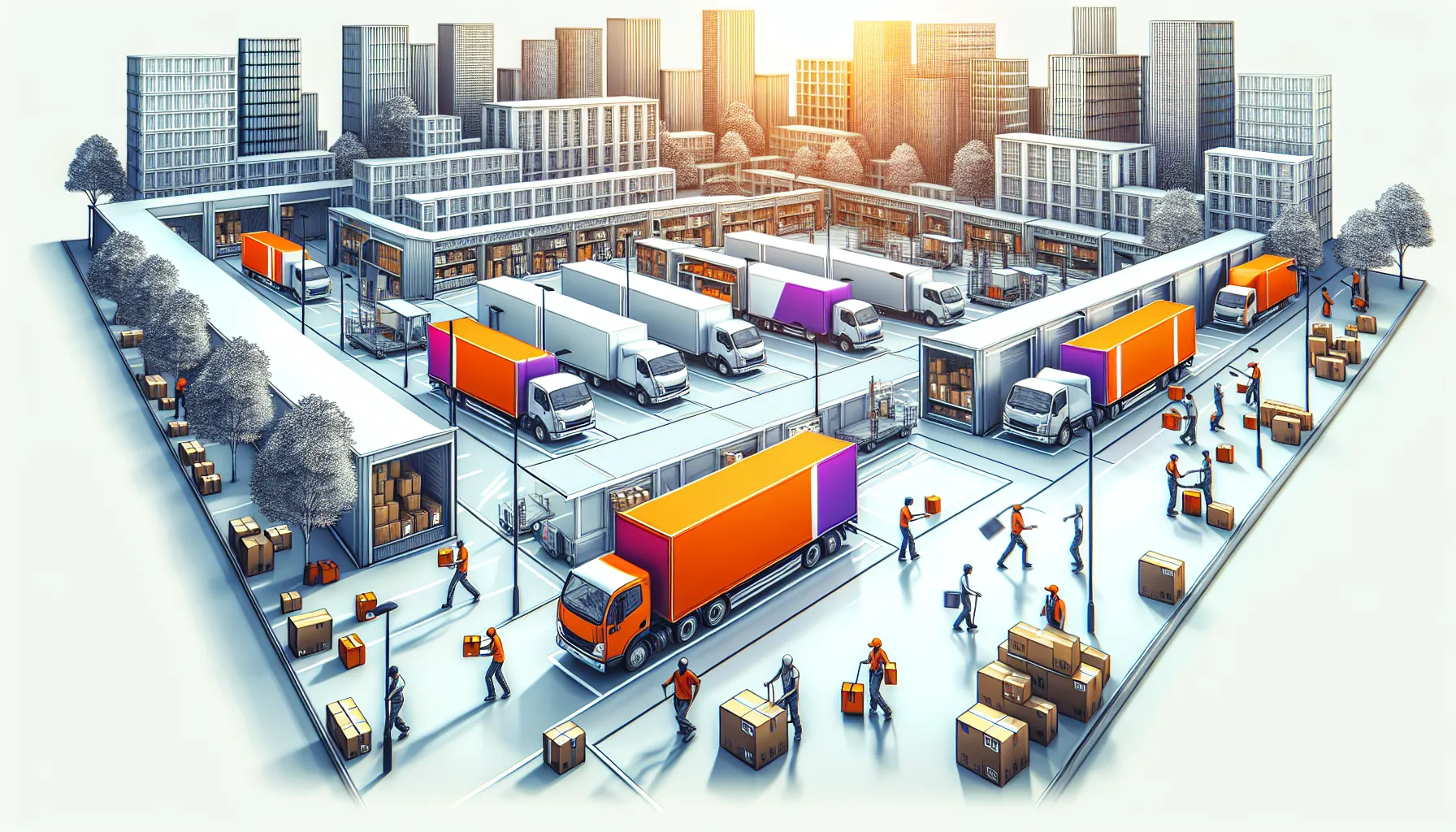 FedEx trucks at a loading hub during operations.