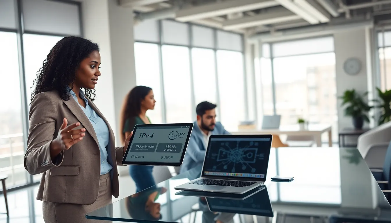 diverse team discussing IP addresses in a modern office.