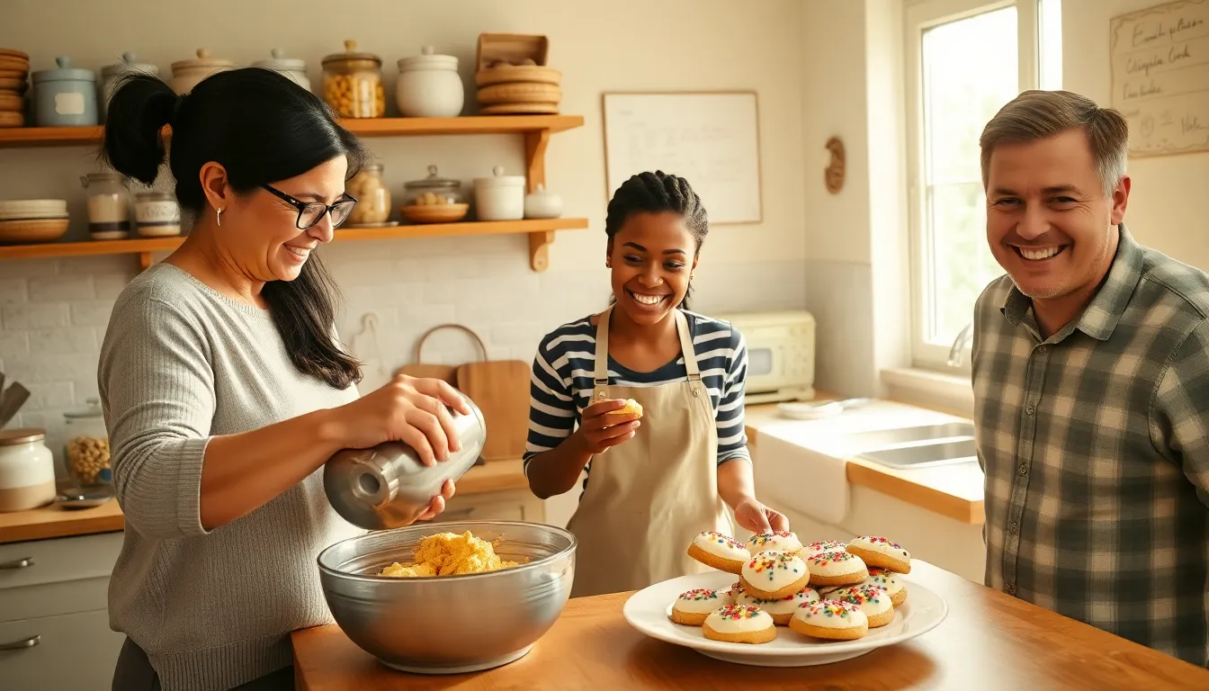 three friends baking cookies together in a cozy kitchen.