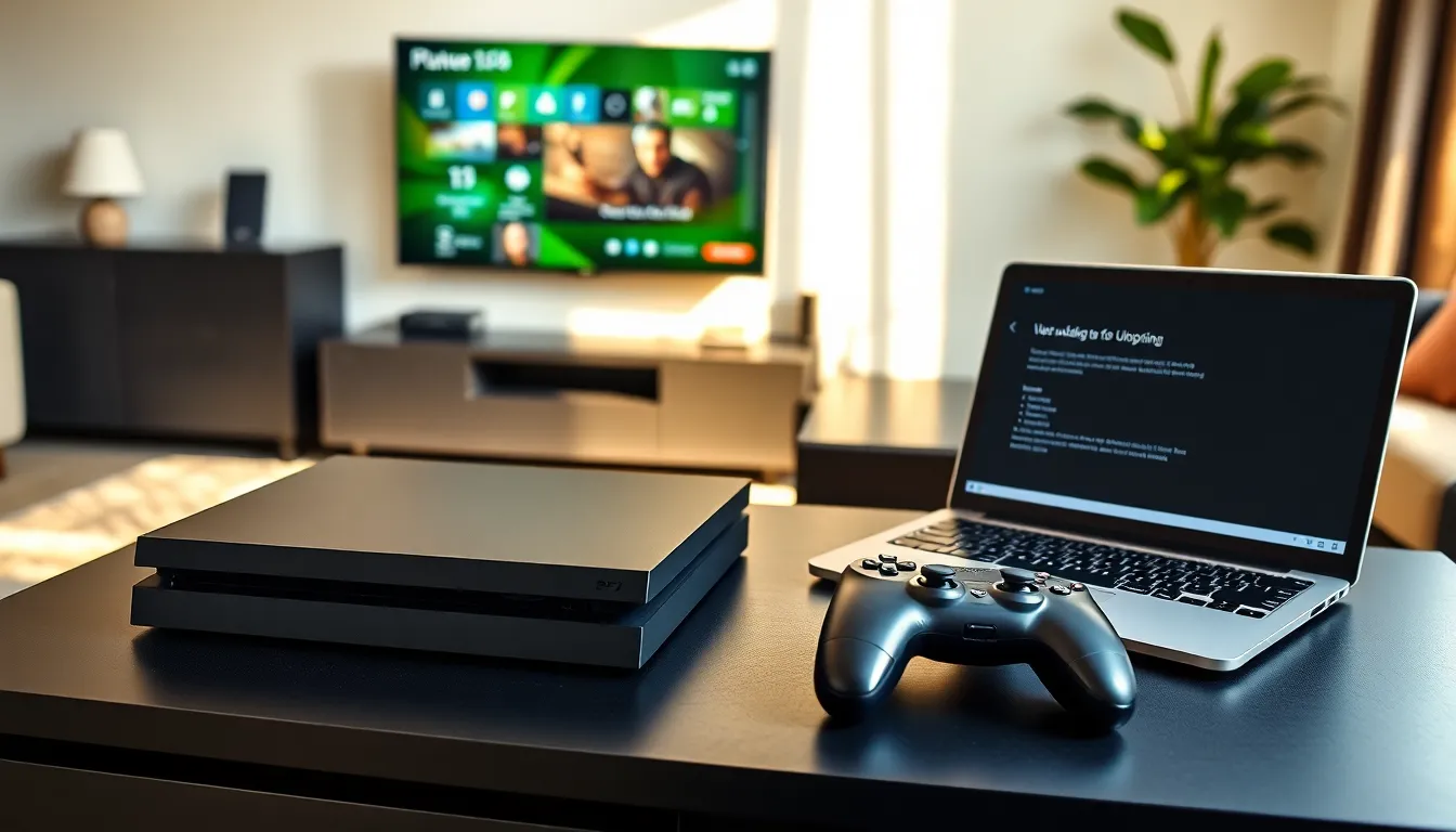 A PS4 console and laptop set up for a USB update in a cozy living room.