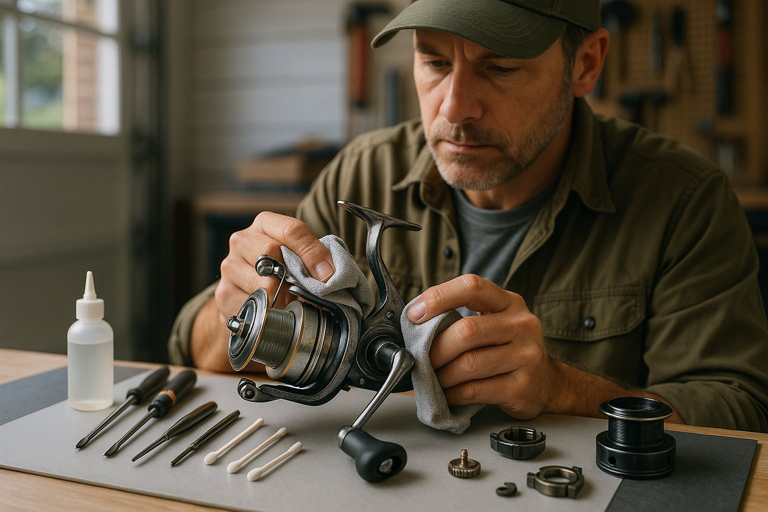 Angler cleaning a fishing reel on a neat workshop bench.