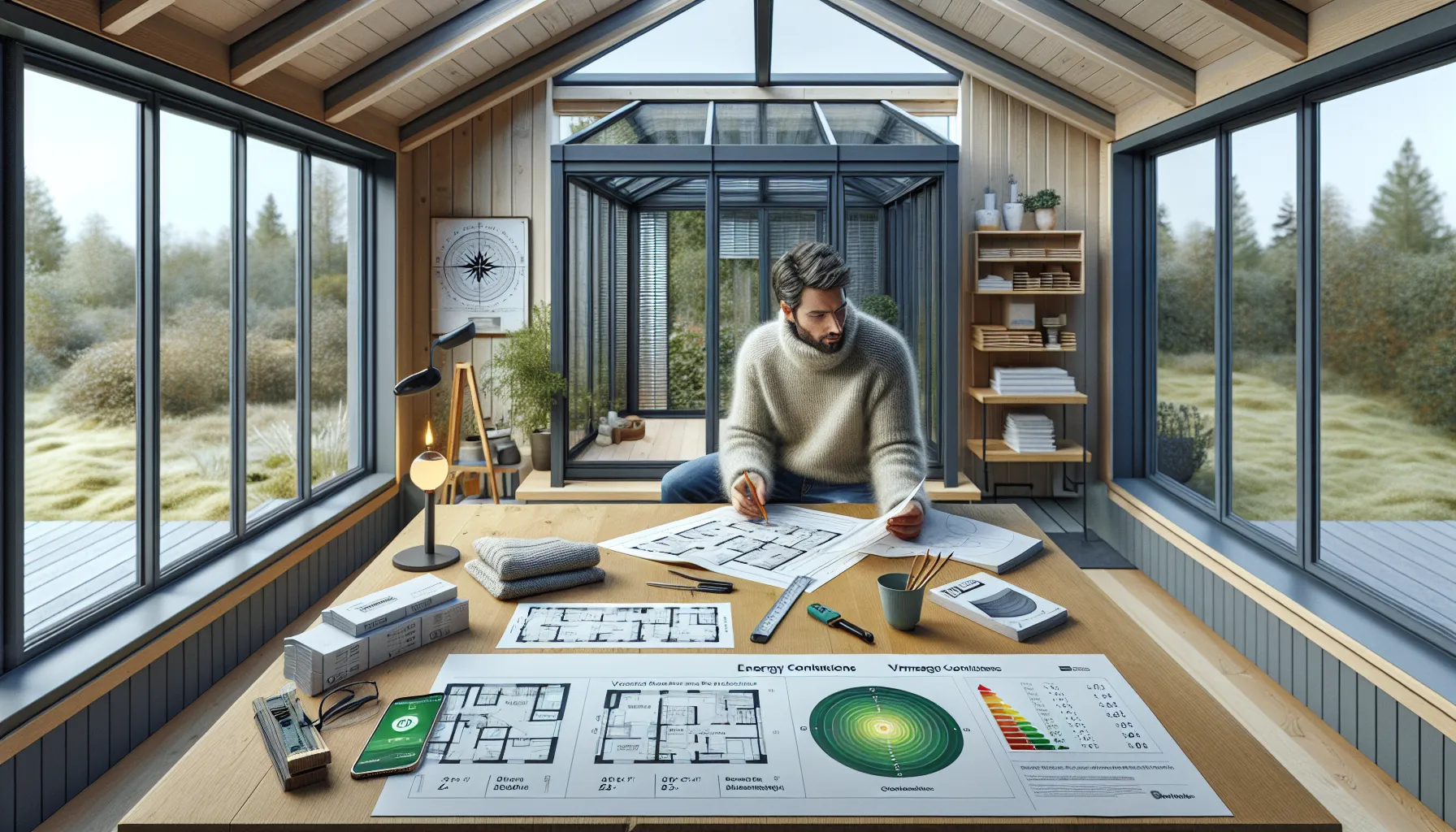 Homeowner plans an energy-efficient norwegian conservatory with glass and u-value samples.