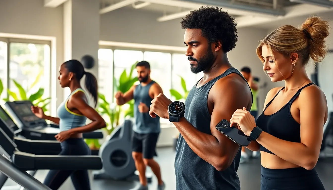 diverse group using Garmin wearables in a fitness studio.