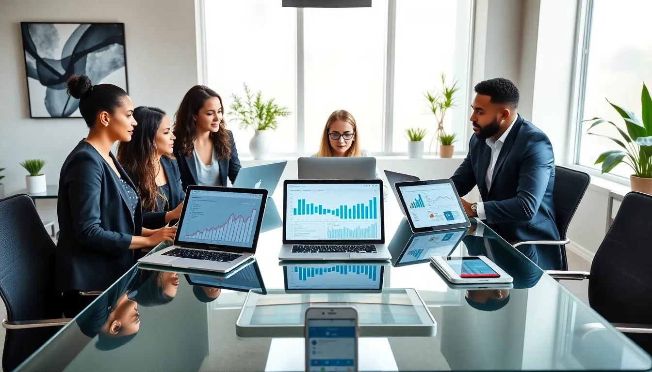 professionals discussing digital marketing strategies in a modern office.