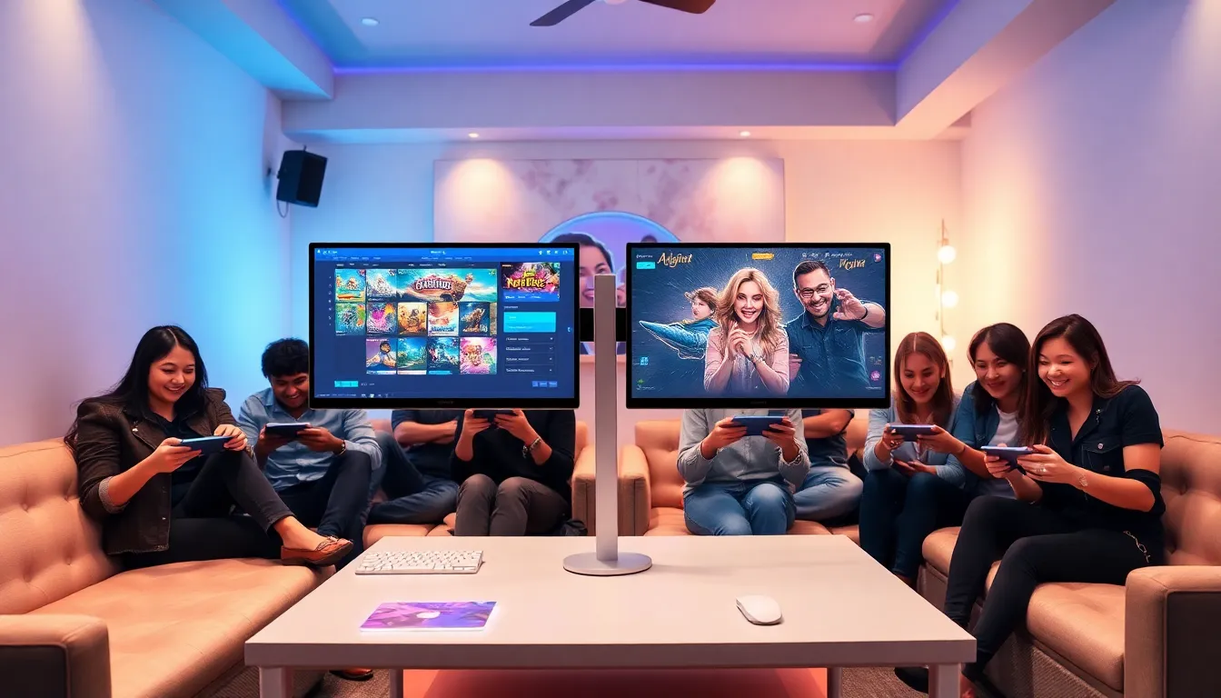 diverse players enjoying an online gaming platform in a modern lounge.