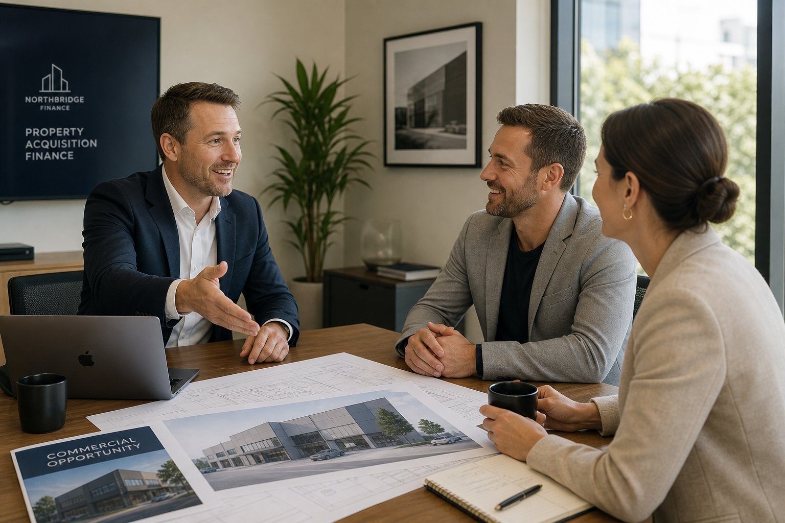 Broker meeting business partners in a consultation room to discuss commercial property finance.