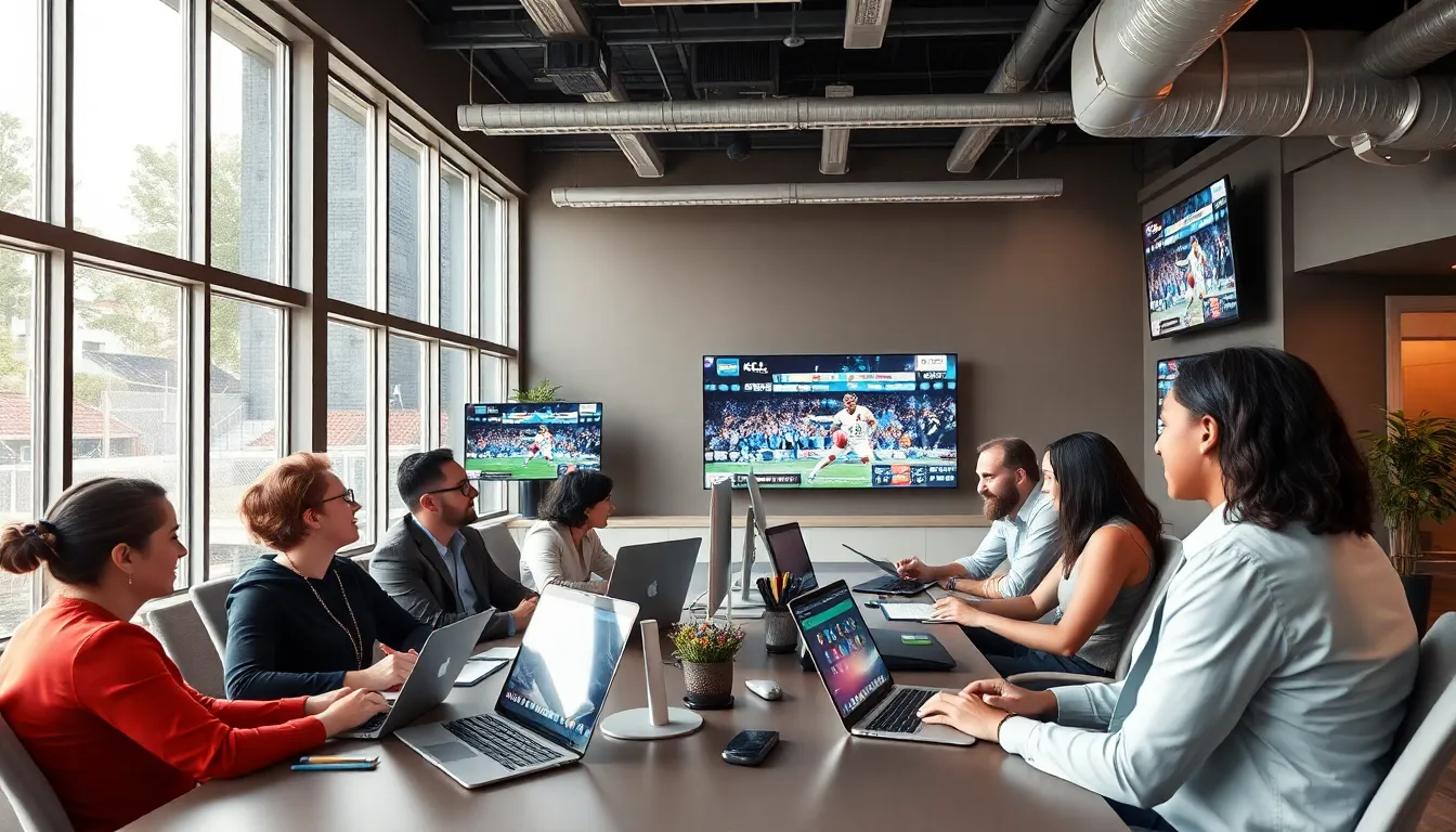 diverse team collaborating in a modern sports journalism office.