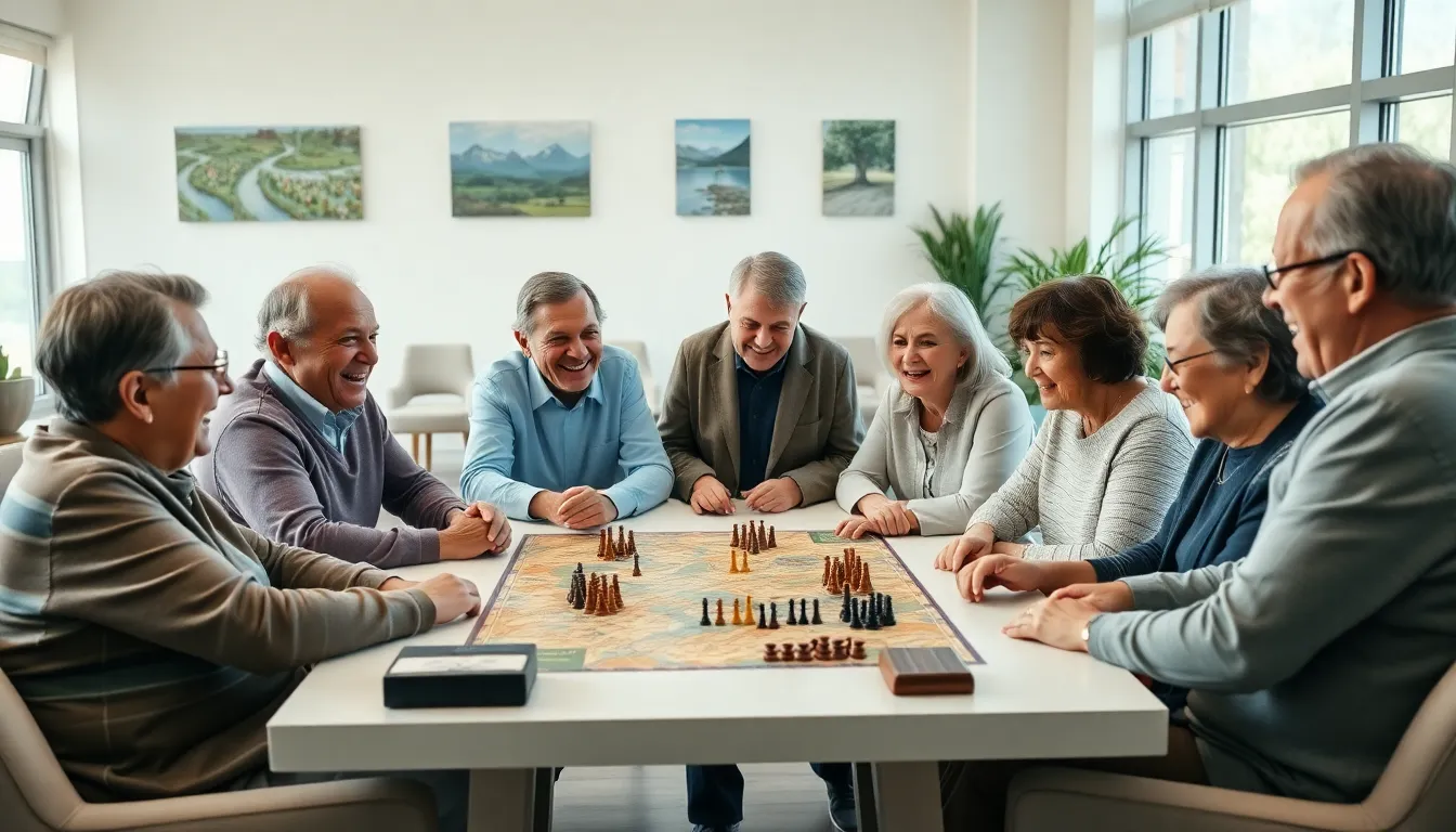 seniors engaged in a lively war game around a table.