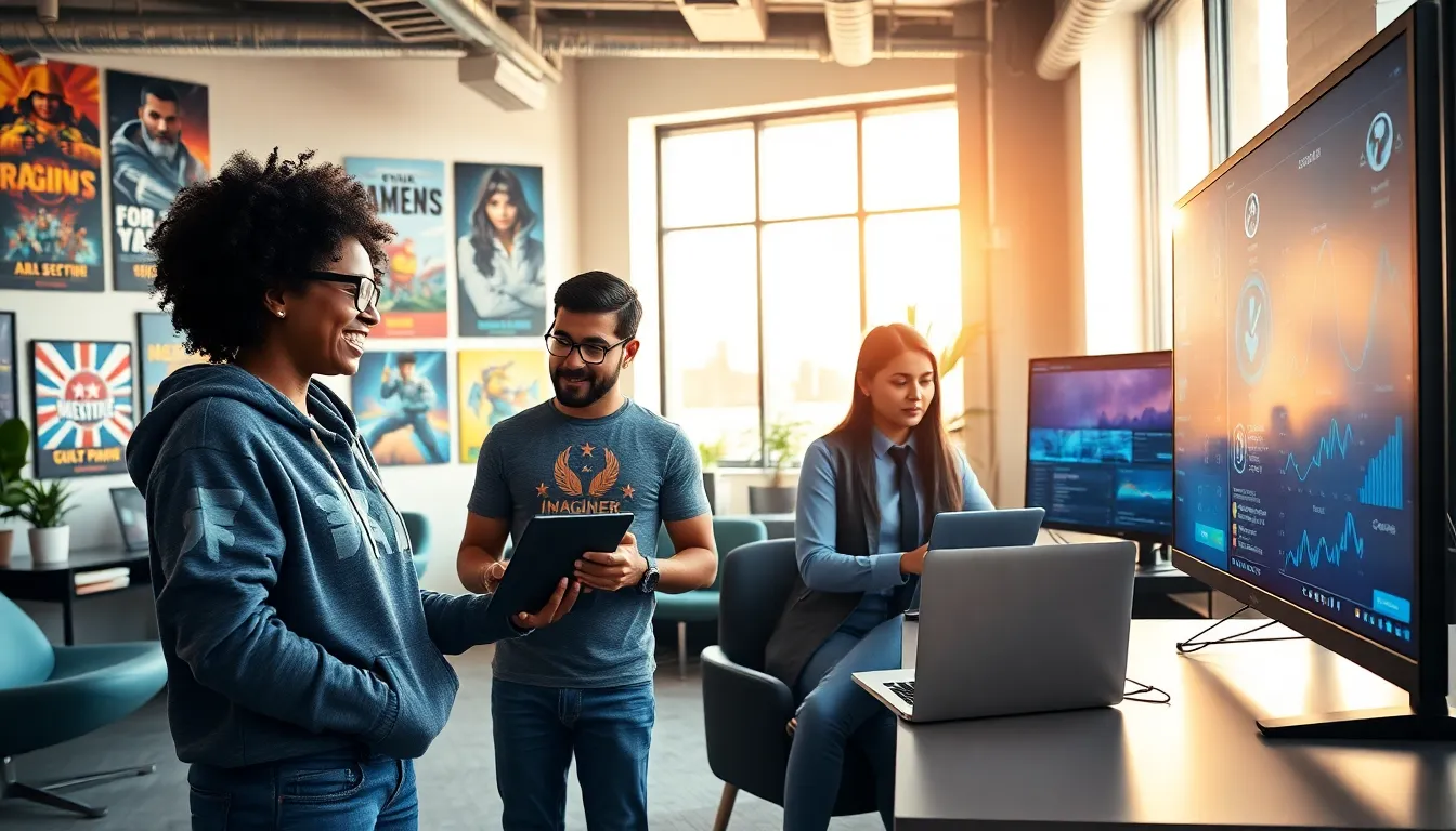 diverse team collaborating in a modern game development office.