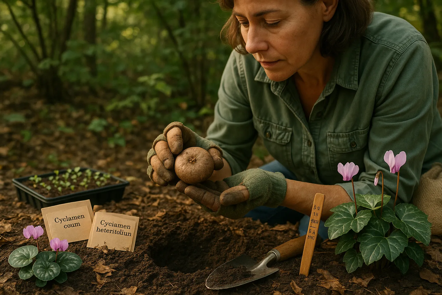 Gardener planting cyclamen tuber beside coum and hederifolium plants.