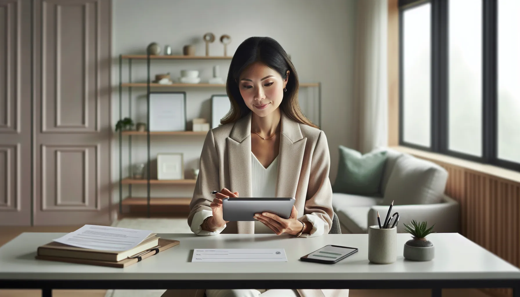 woman filling out a digital submission form in a modern office.