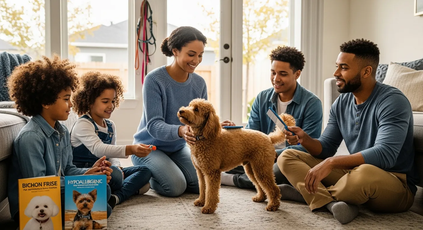 Family in living room meeting and grooming a hypoallergenic poodle-type dog.