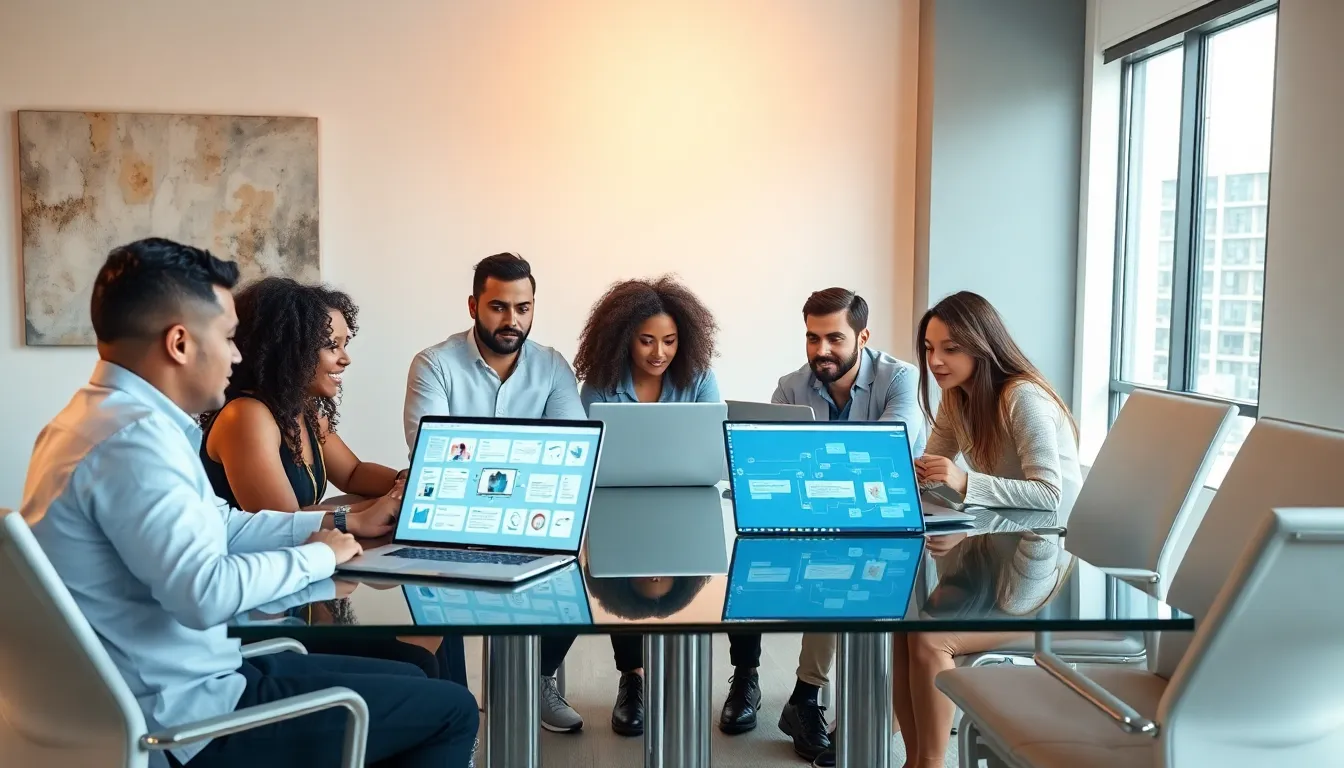 diverse team collaborating on low code automation tools in a modern office.