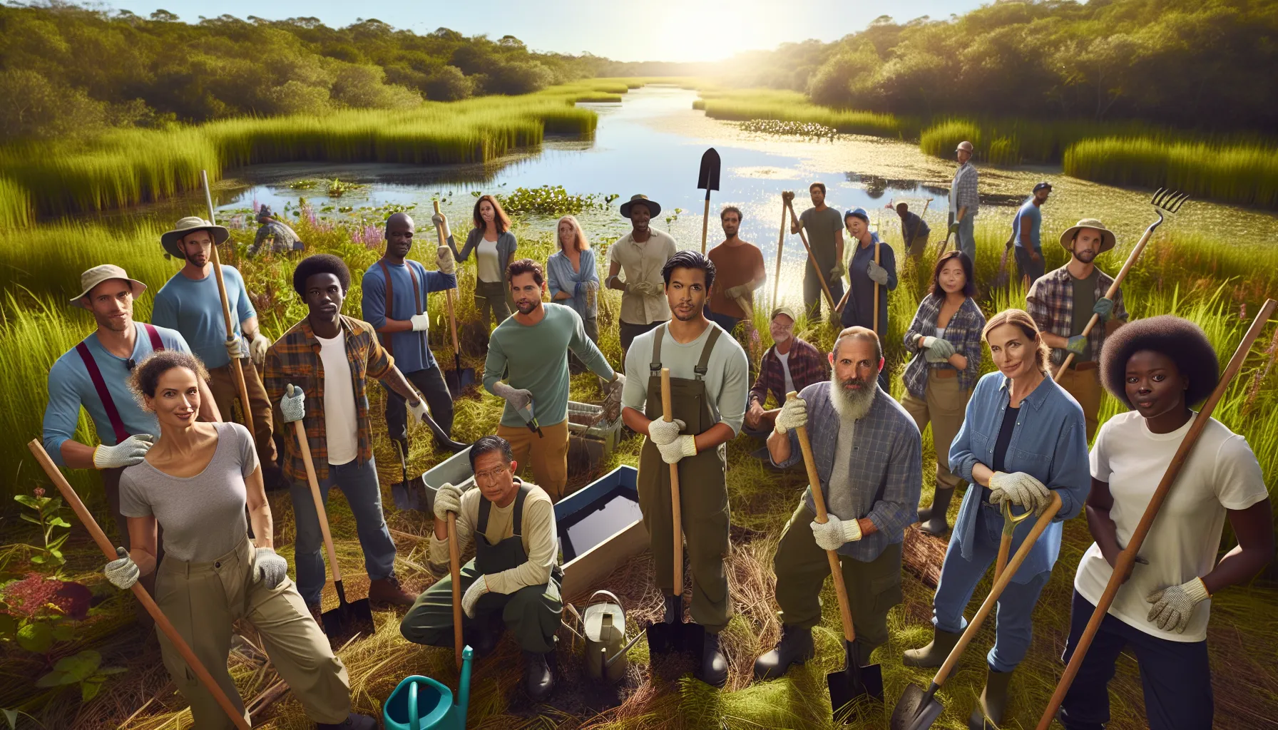 diverse conservationists restoring wetlands for Bogendelia's habitat.