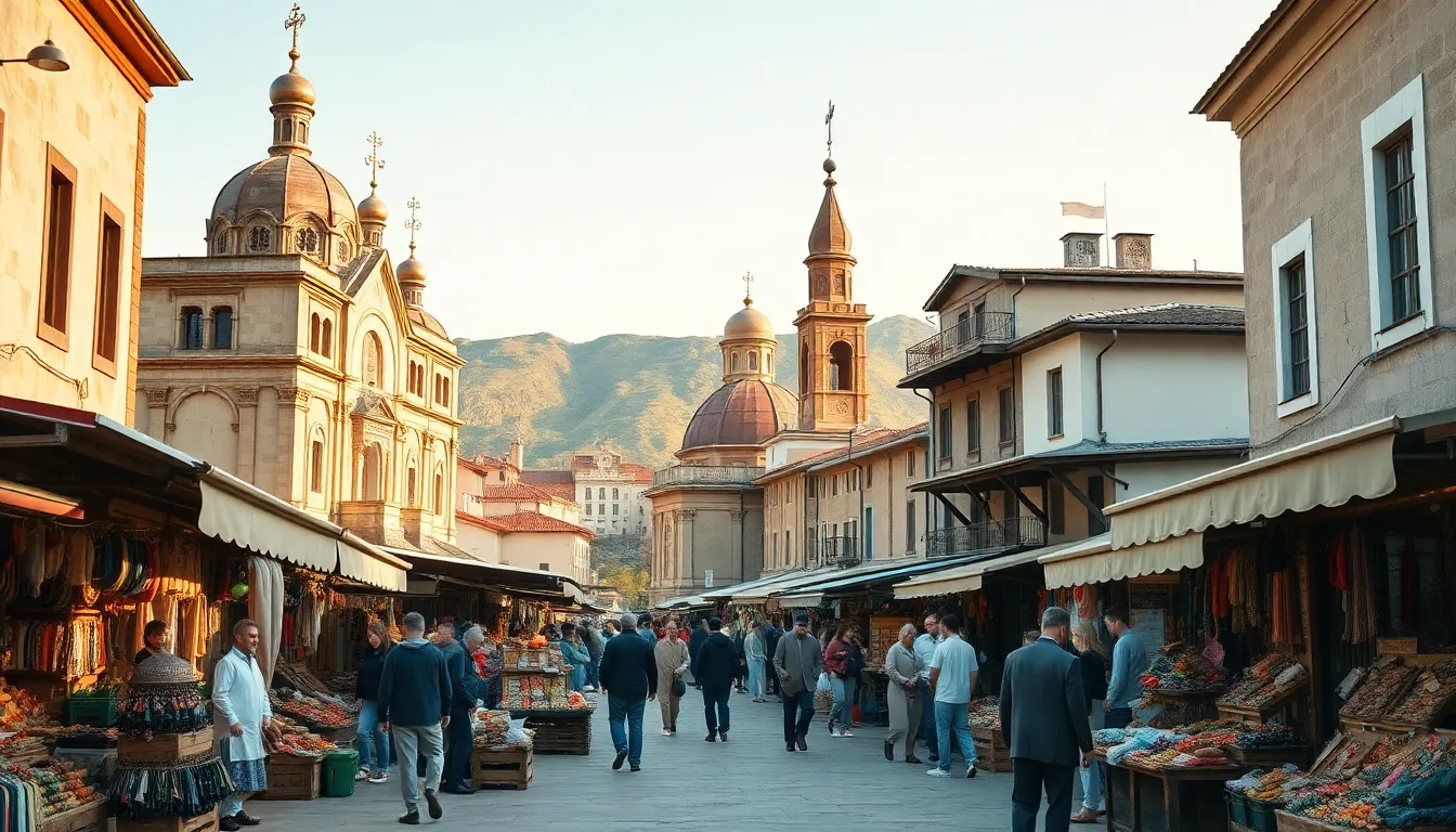 Vibrant marketplace in Кбалово with diverse artisans and historical buildings.
