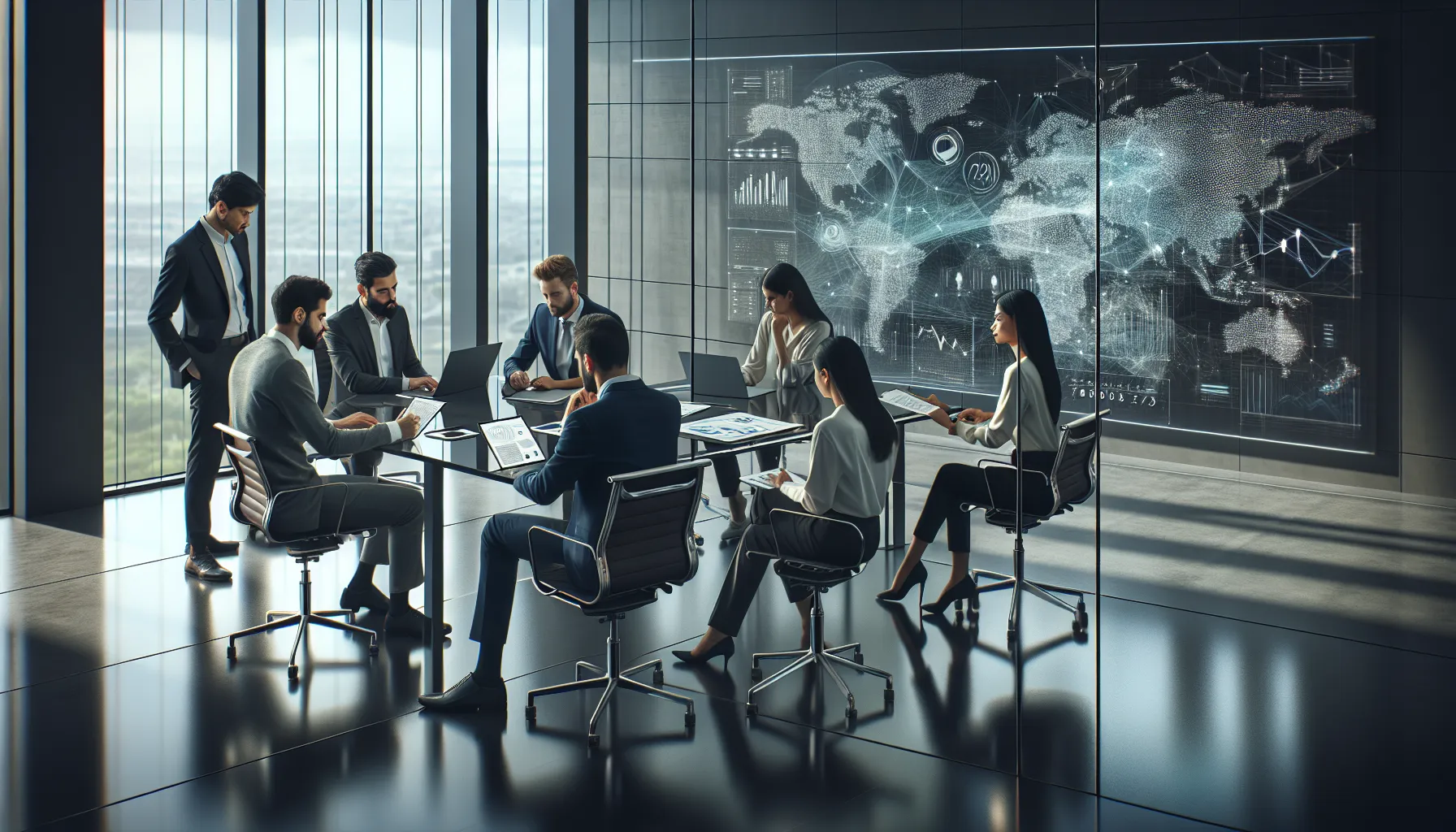 diverse team collaborating with data visuals in a modern office.