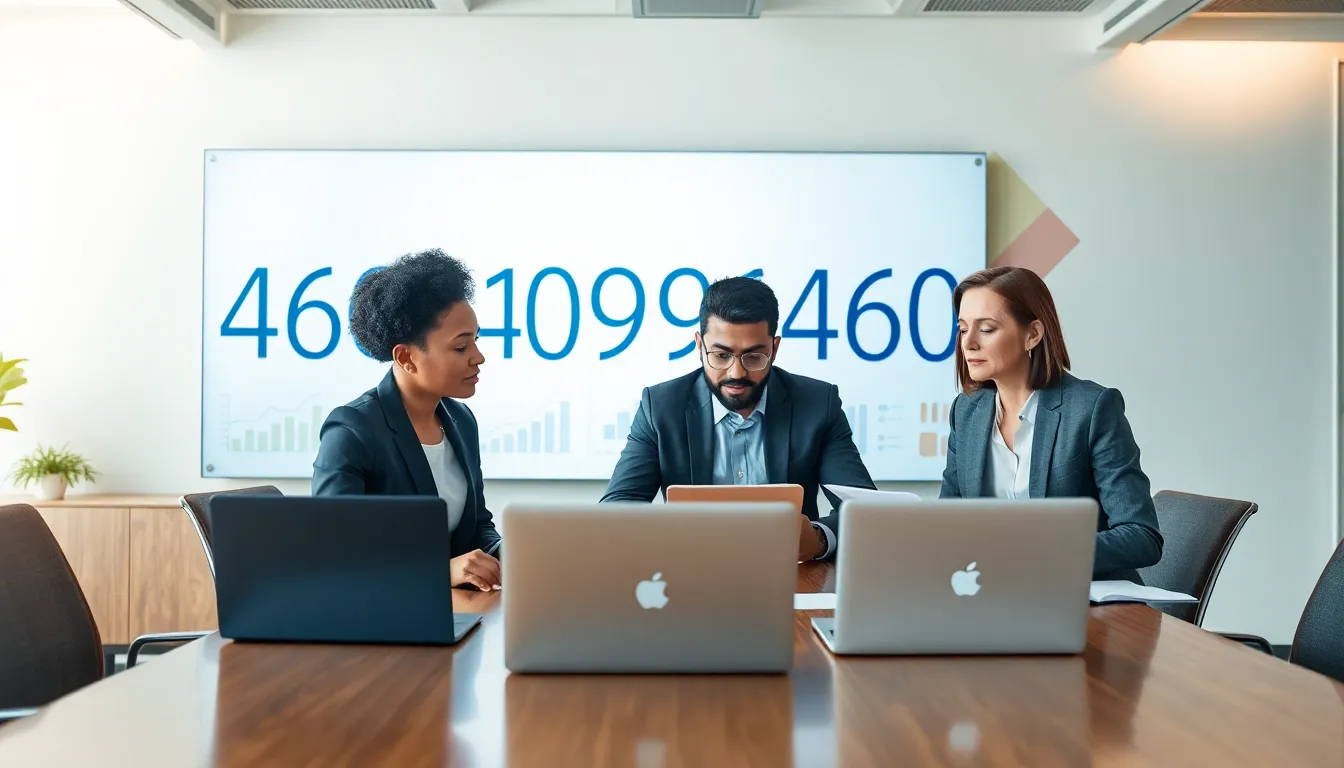 professionals discussing the significance of the number 4694096460 in a modern office.