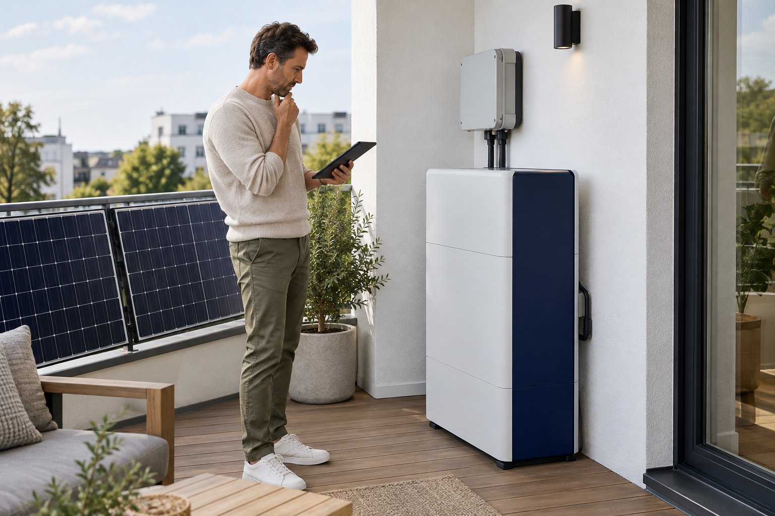 Hausbesitzer prüft einen Solarspeicher neben Photovoltaikmodulen