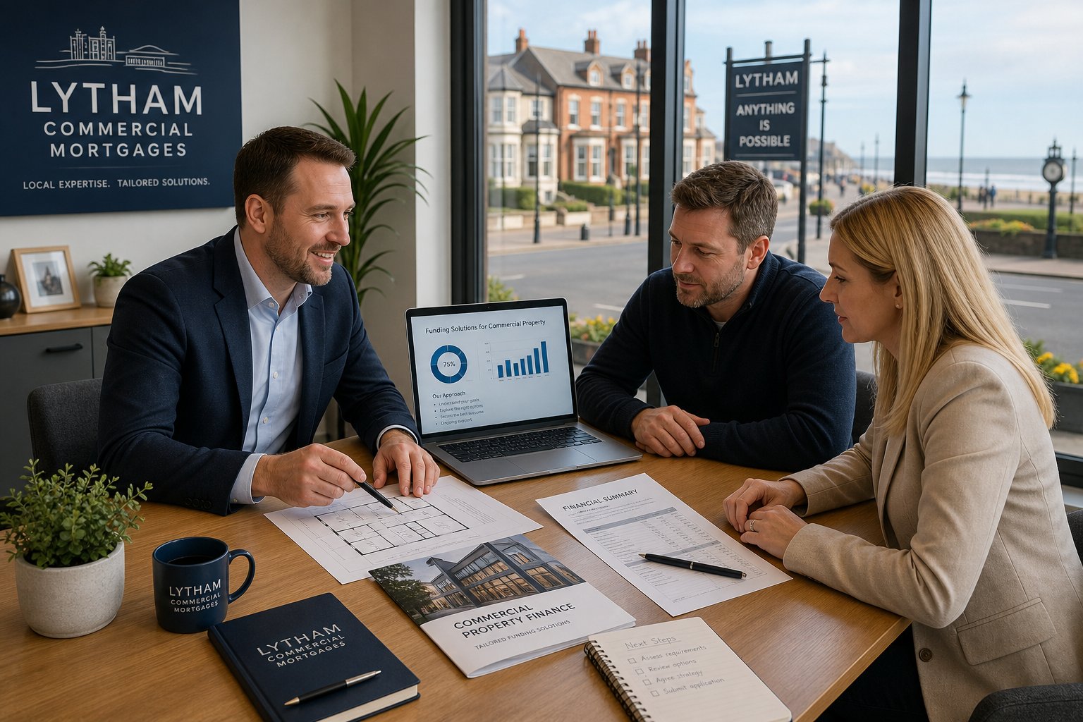 Commercial Mortgage Broker Lytham 16 Commercial mortgage adviser meeting with business clients in a bright modern office, reviewing property documents and financial plans in a professional, welcoming setting.