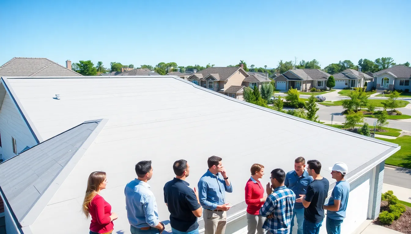professionals discussing vinyl roofing on a modern residential rooftop.
