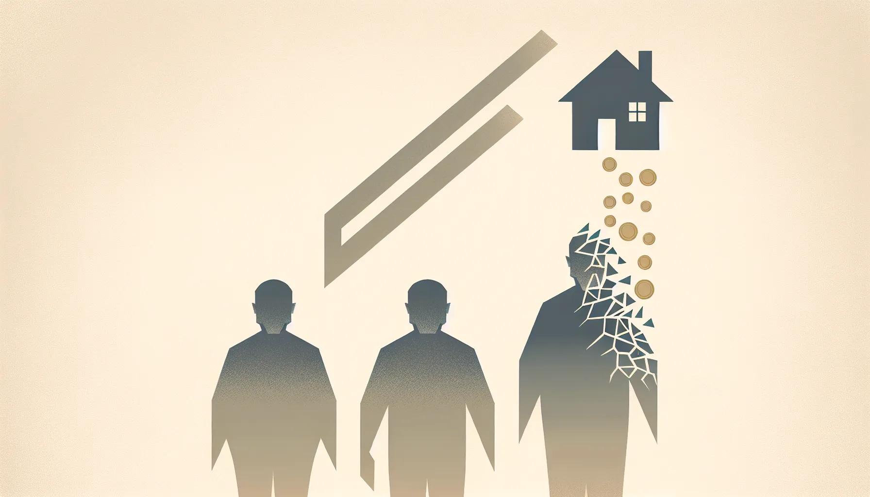 Three decreasing silhouettes with dissolving house representing family decline through generations