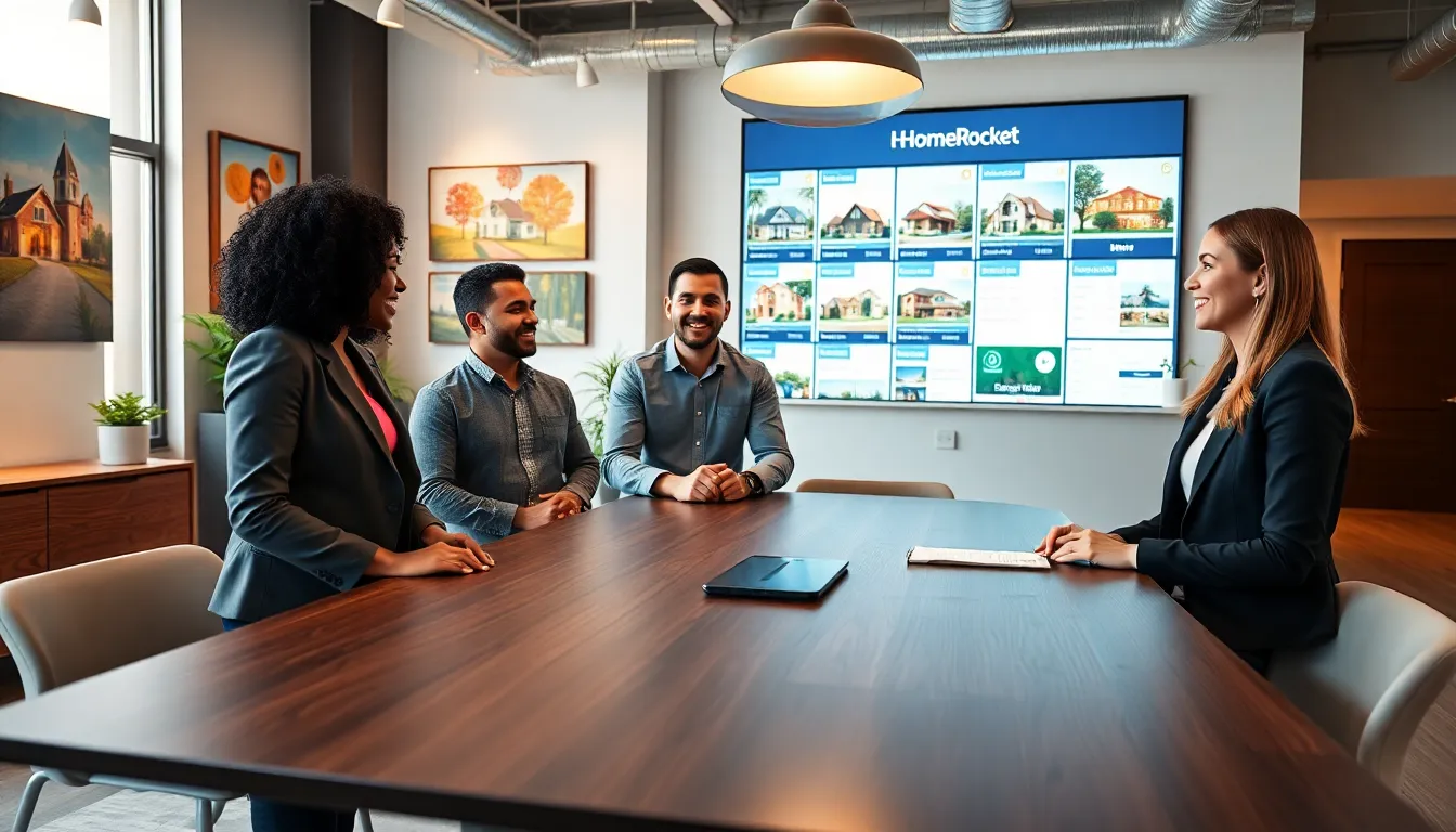 Real estate agents in a modern office discussing property listings.