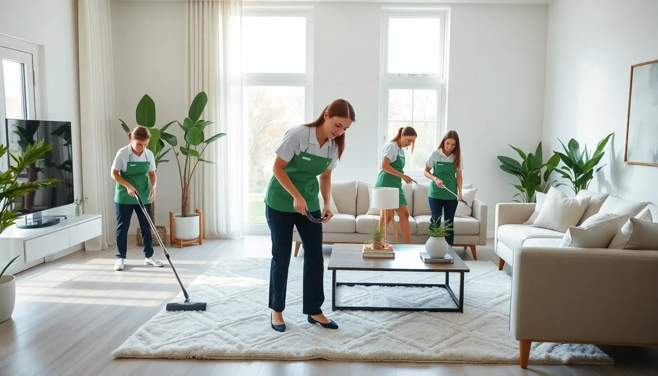 cleaning team in a bright, modern living room.