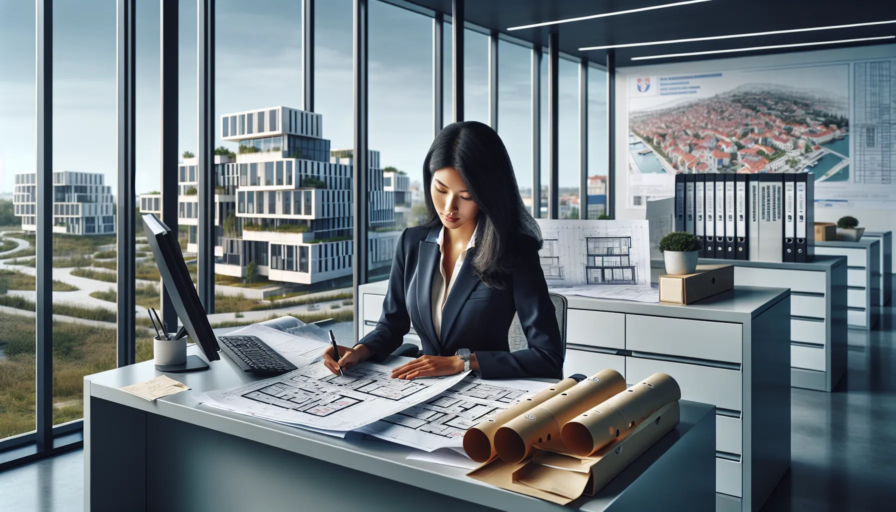 Croatian planner reviewing garage conversion permits and blueprints in municipal office