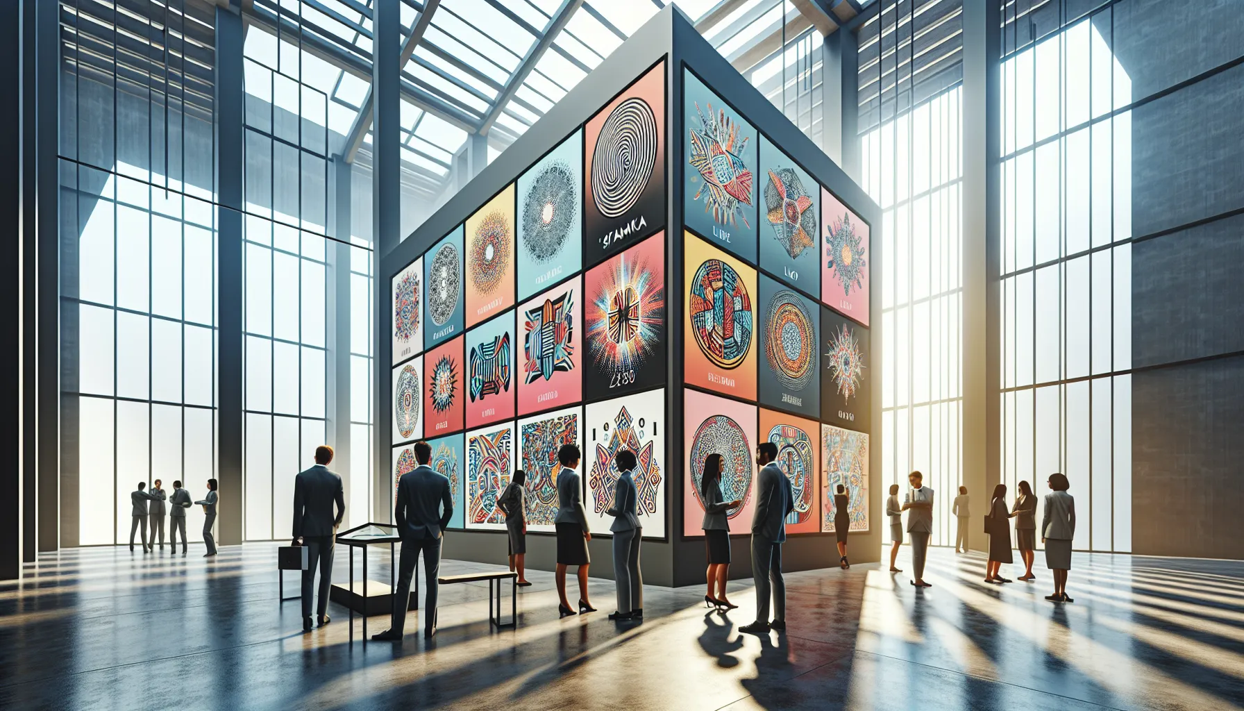 diverse professionals discussing cultural interpretations in a modern gallery.