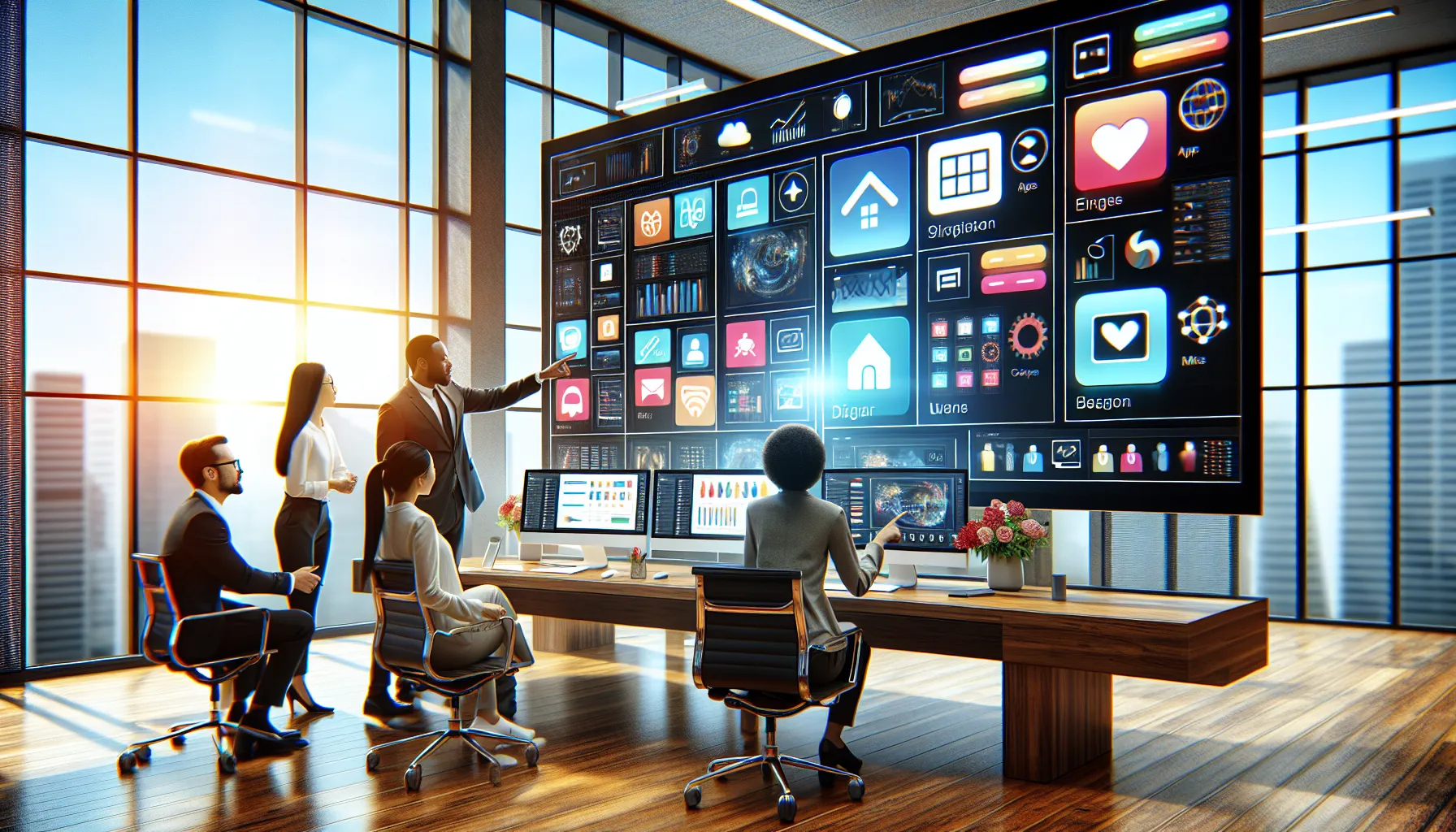 diverse team collaborating in a modern office on an app management dashboard.