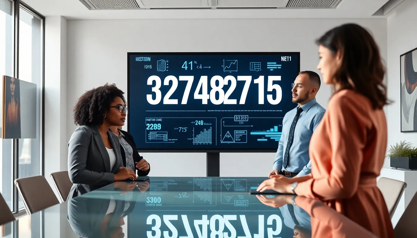 diverse professionals discussing the integer 3274812715 in a modern office.