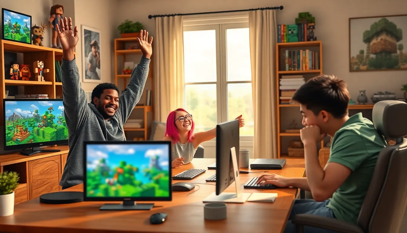 A group of friends playing Minecraft together in a cozy living room.