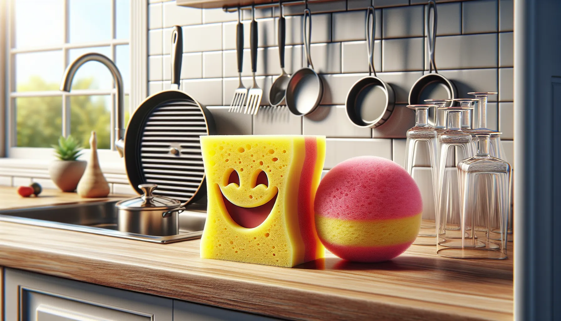 A kitchen counter showcasing Scrub Daddy and Scrub Mommy sponges side by side.