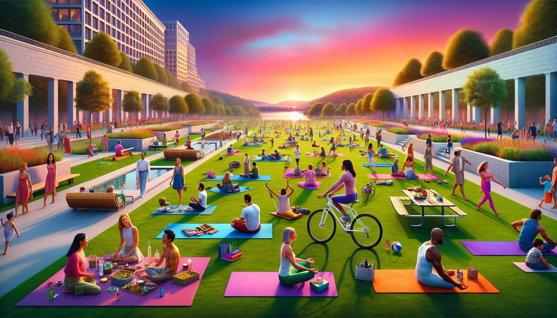 diverse group enjoying outdoor activities in a scenic park.