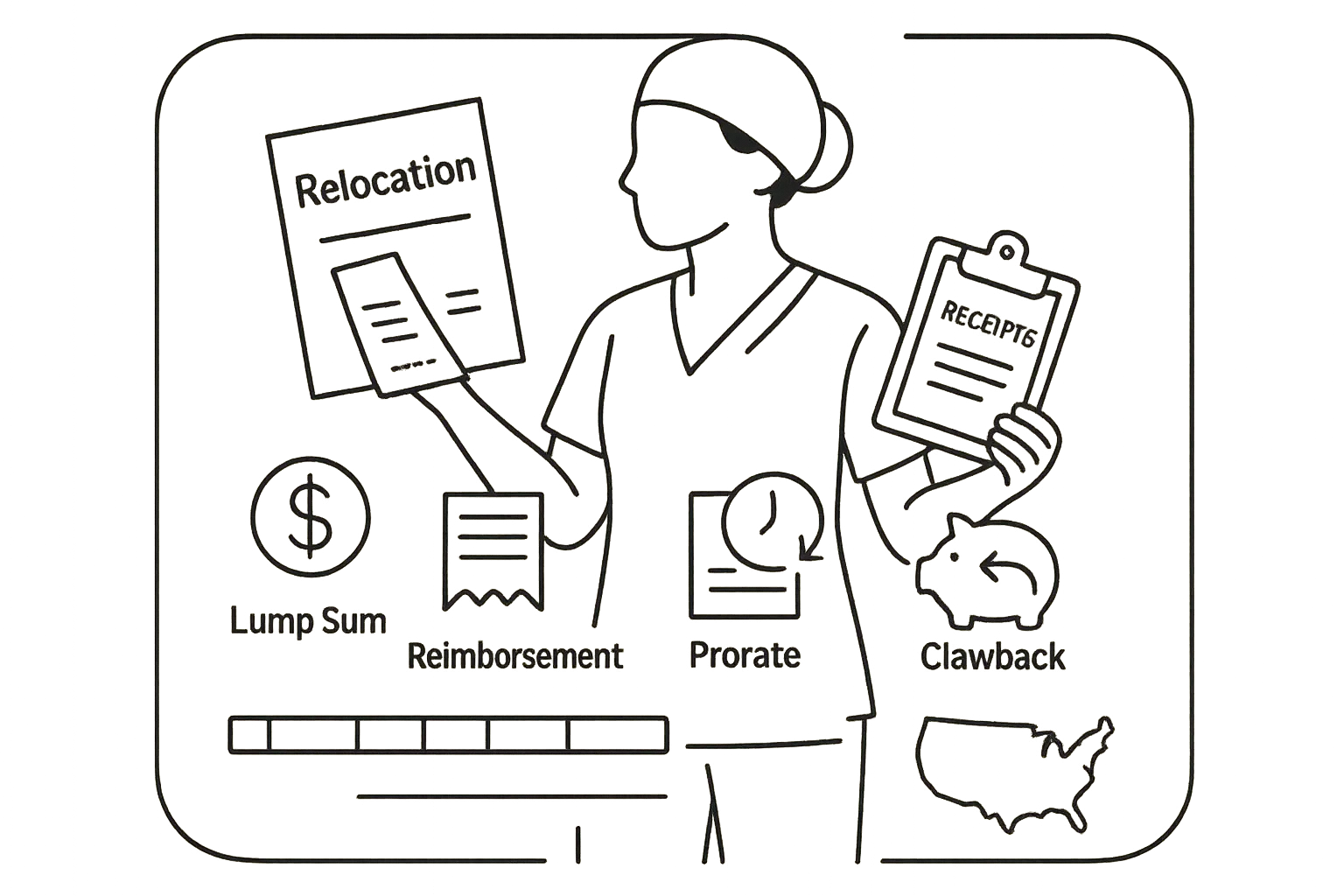A nurse practitioner holding a relocation contract and receipt clipboard with contract icons.