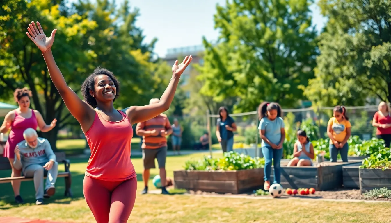 diverse community members participating in wellness activities in a park.