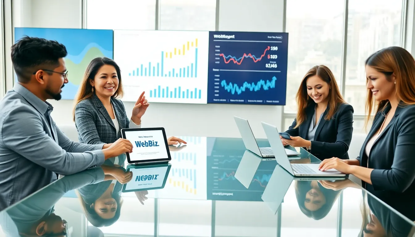 Diverse professionals collaborating in a modern office on WebBizMagnet.com.