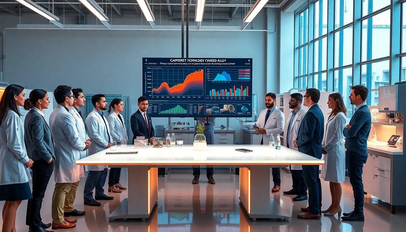diverse team in a modern lab discussing groundbreaking alloy innovations.