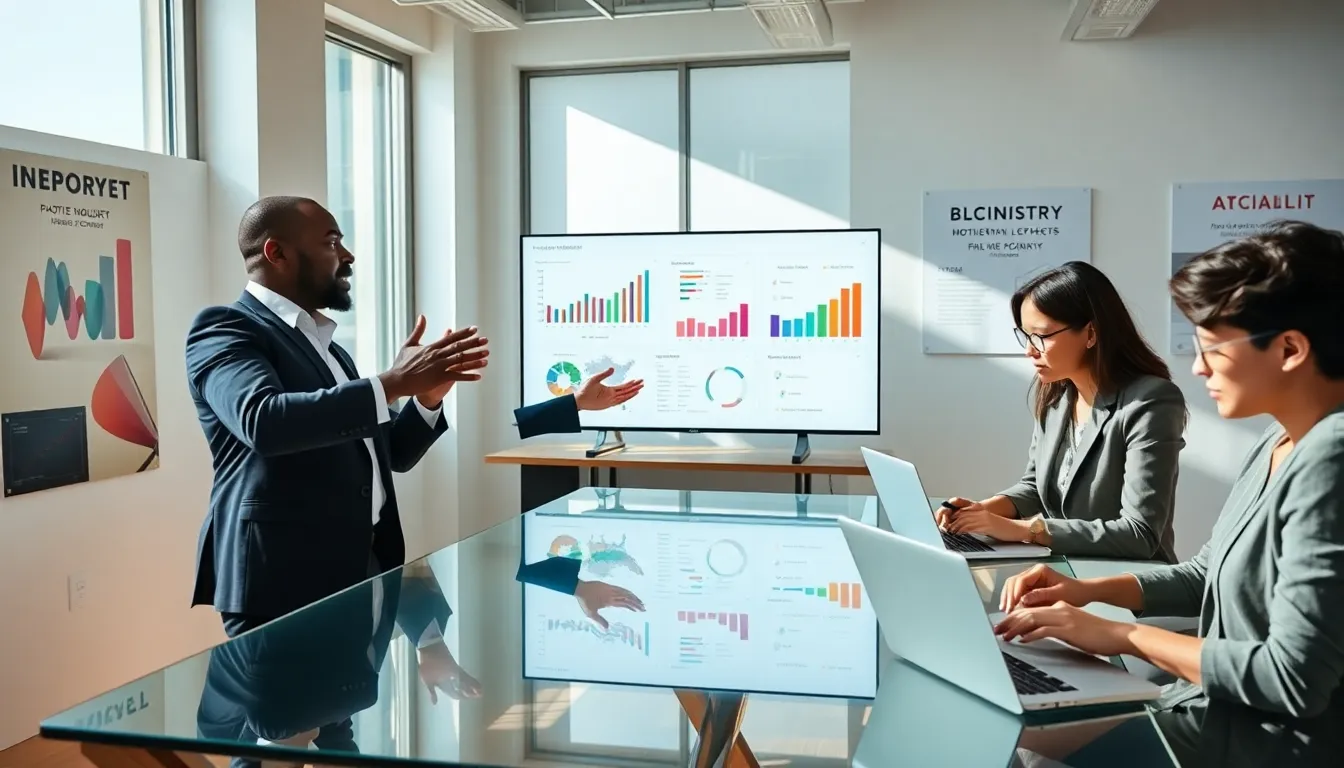 a diverse team collaborating in a modern office, analyzing data trends.