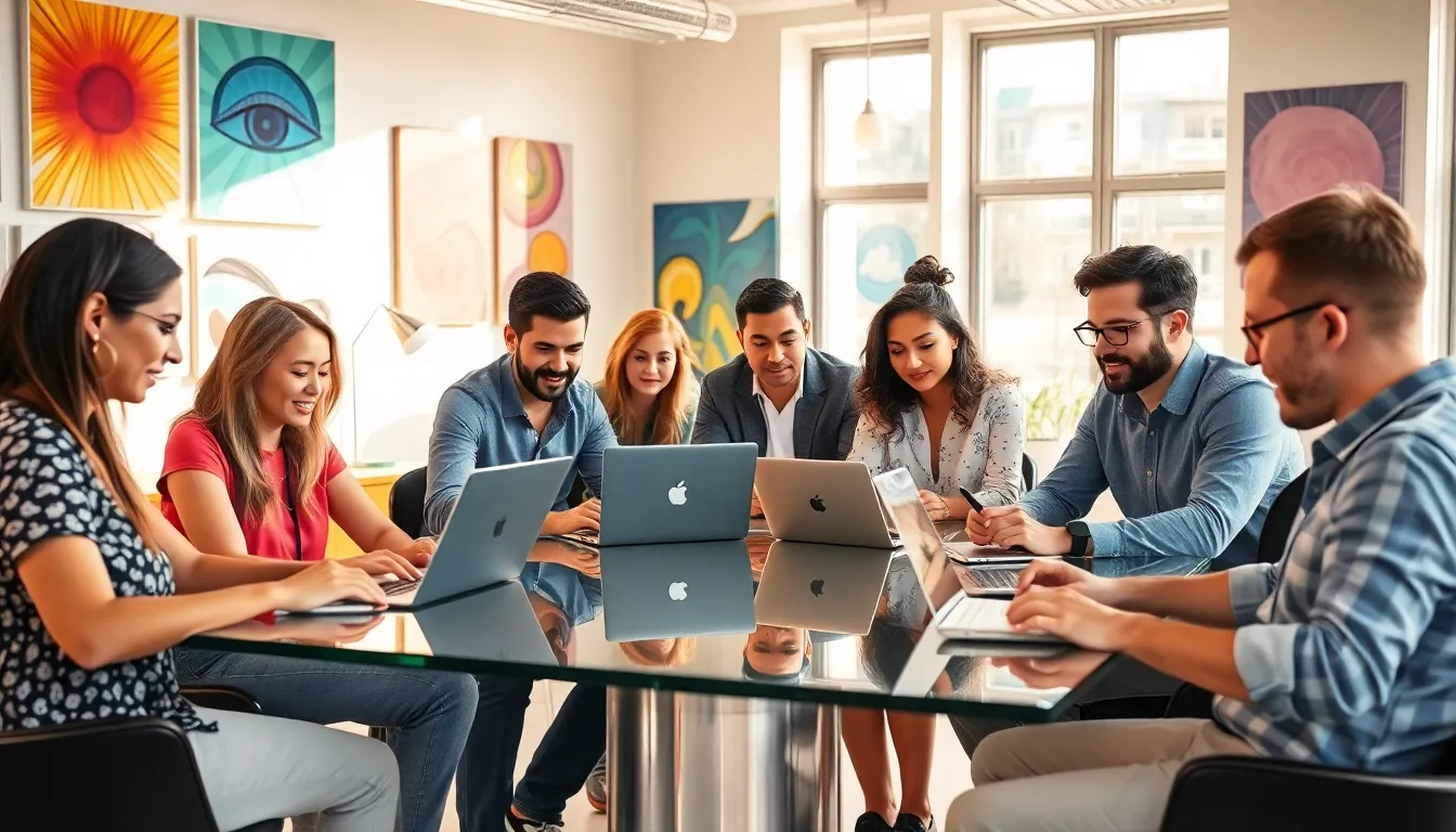 Diverse team collaborating in a creative, modern workspace.