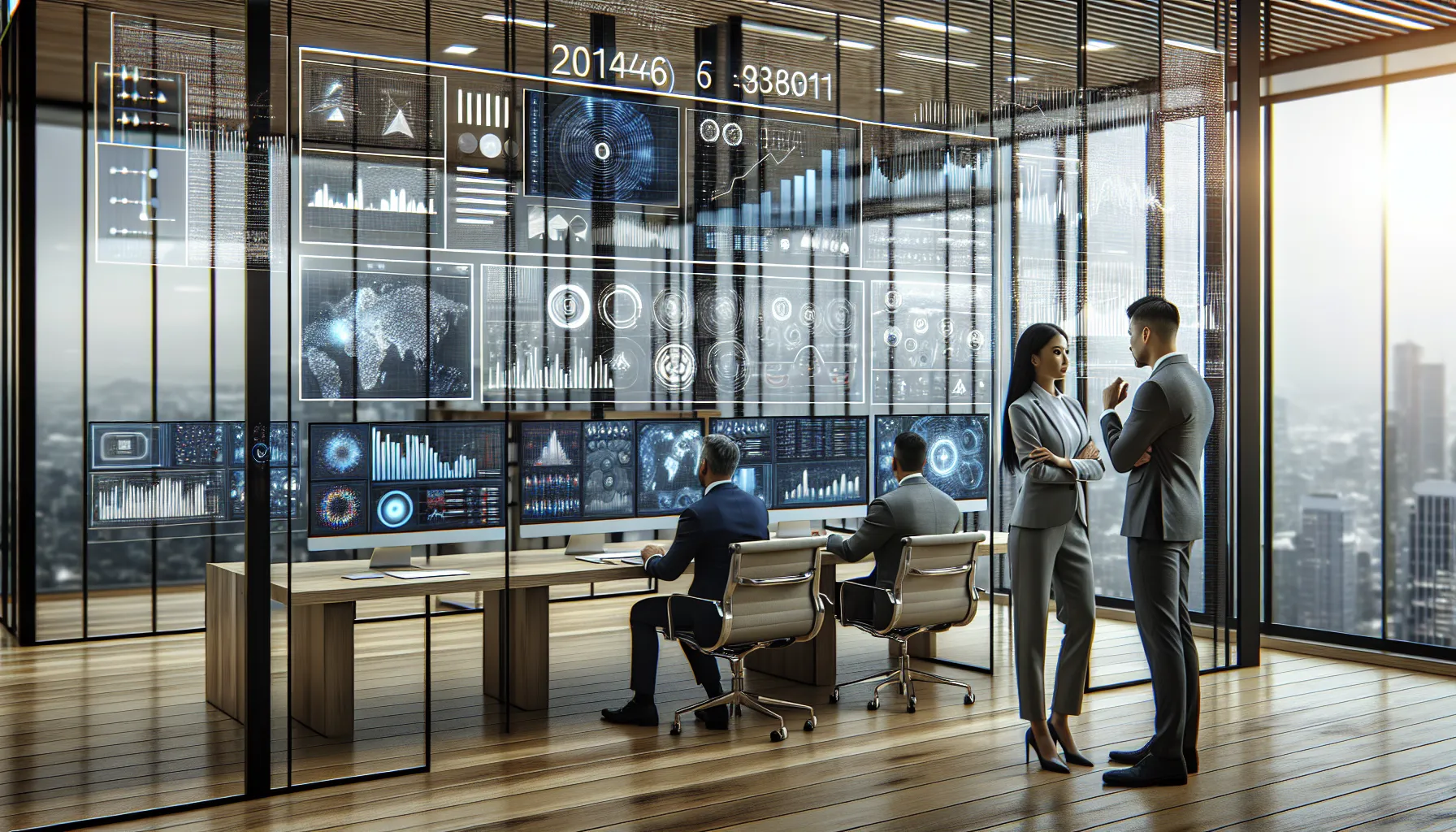 professionals discussing data interpretations in a modern office.